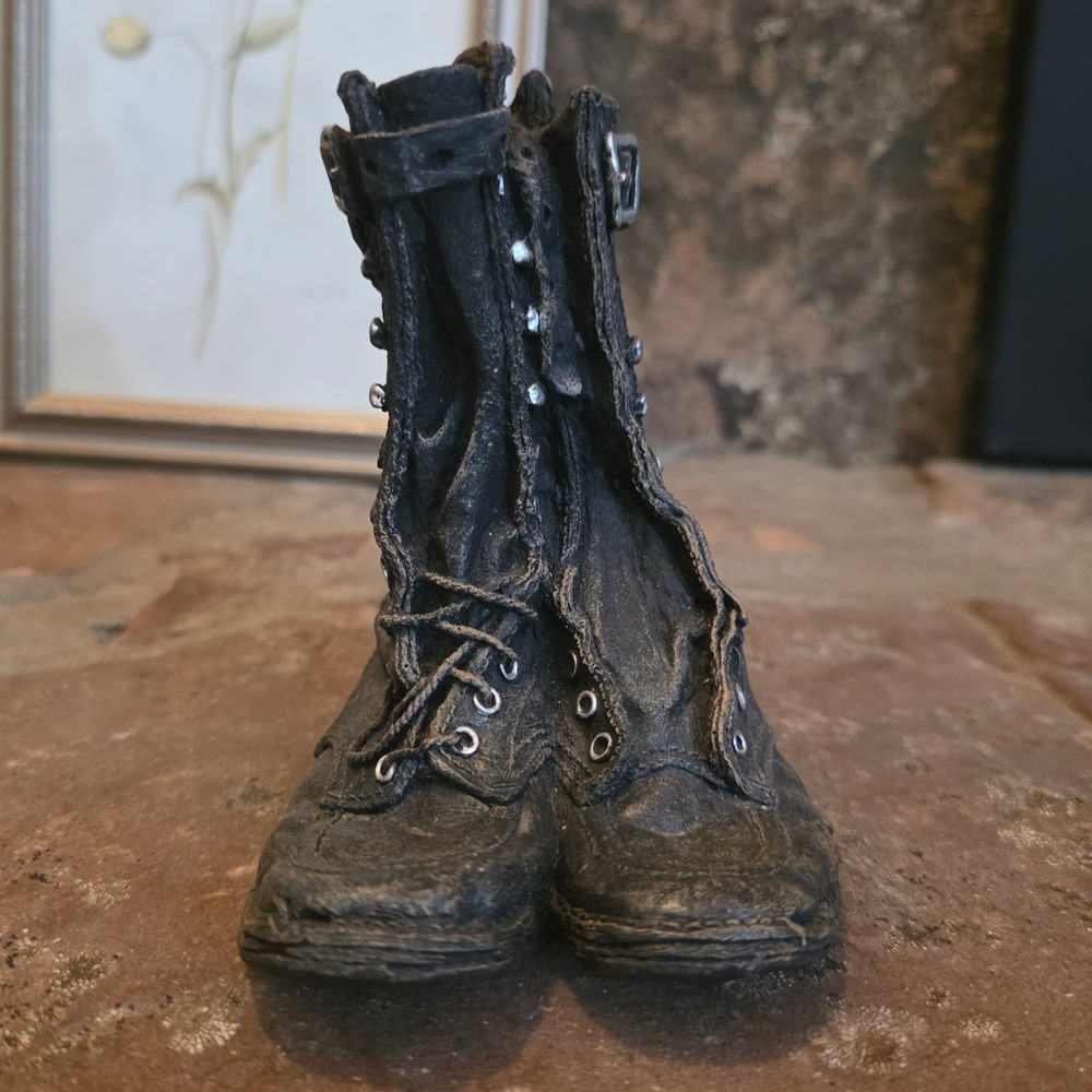 Miniature Distressed Combat Boot Sculpture Figurine Black Industrial Decor 5.5"
